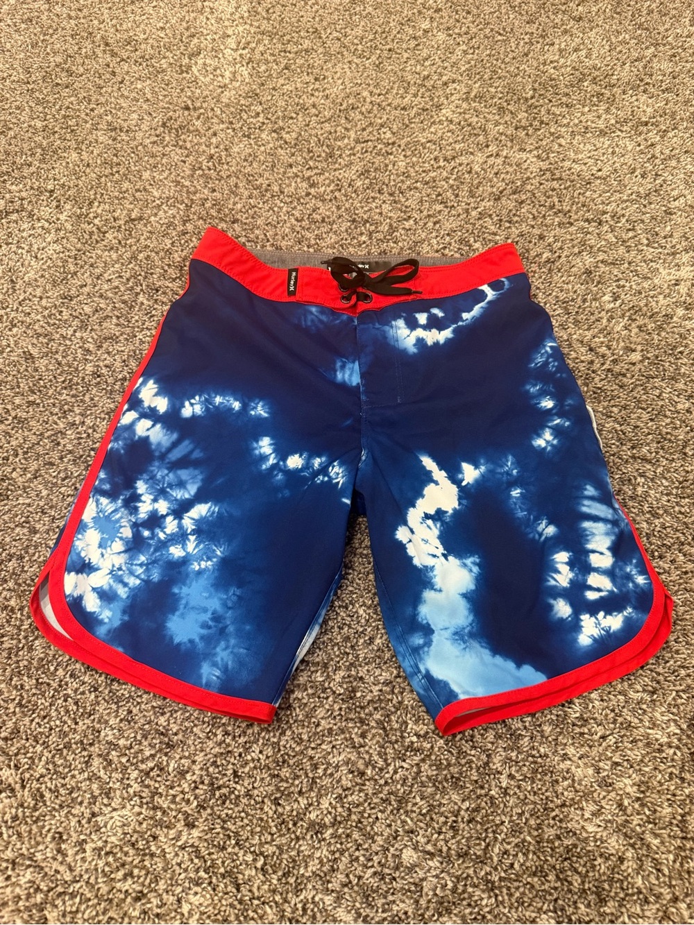 Hurley Boys Size 10 Board Shorts Blue Tie Dye Red Trim Swim Trunks Surf Beach